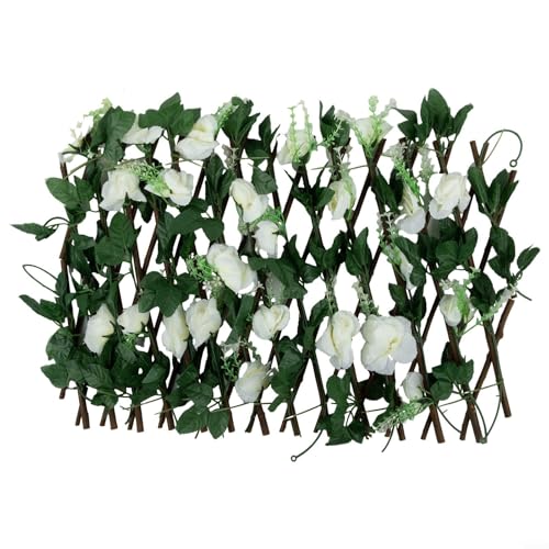 Clôture de haie artificielle, treillis extensible pour décoration de jardin, clôture télescopique extérieure, clôture de feuilles de fleurs artificielles (blanc)