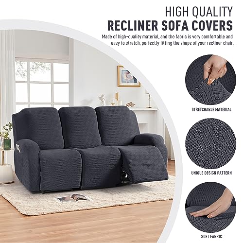 Image of KinCam Recliner Covers, Stretch Reclining Chair Covers, Recliner Sofa Slipcovers Stripe Jacquard Recliner Couch Covers Furniture Protector Covers for Pet Kid (3 Seater, Charcoal Gray)