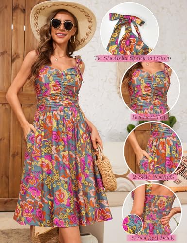 Image of Kranda Women 2026 Summer Casual Spaghetti Strap Sundress V Neck Sleeveless Flowy Boho Floral Midi Dress with Pockets