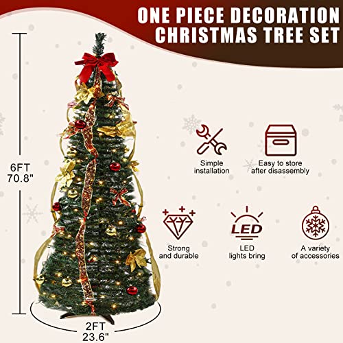 6Ft Pop Up Christmas Tree With Lights, Pre-Lit Artificial Christmas Trees, Lighted Collapsible Christmas Tree Fully Decorated With Red Gold Christmas Ball Ornaments Bows Ribbons Holiday Party Decor #TOP4