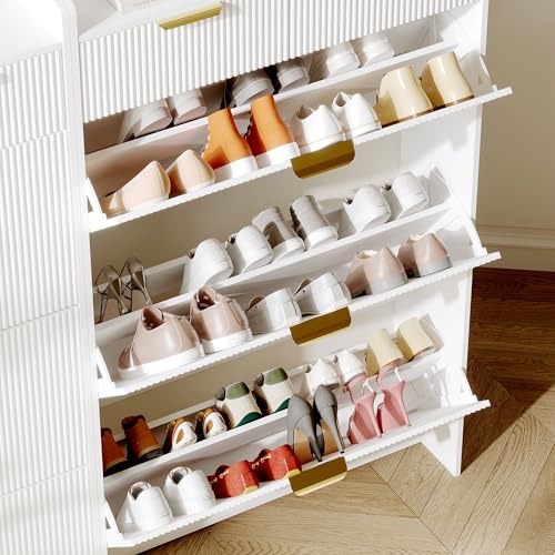 GarveeHome Wave Design Shoe Cabinet with 3 Slip Drawers, 2 Drawers, Raised Edges, Fluted Shoe Cabinet, Slim Hidden Shoe Organizer, Wooden Shoe Storage for Entryway, Front Door, Living Room, White