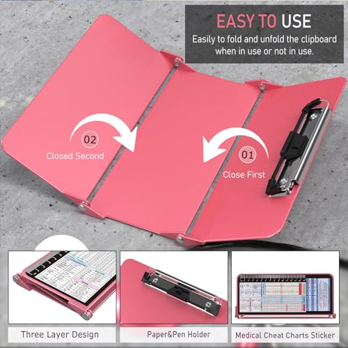 Image of Nursing Clipboard Foldable, Foldable Clipboard w /Nursing Edition Cheat Charts,3 Layers Aluminum, Nurse Clip Board w /Low Profile Clip&Pen Clip Pocket for Students, Nurses and Doctors, Rose