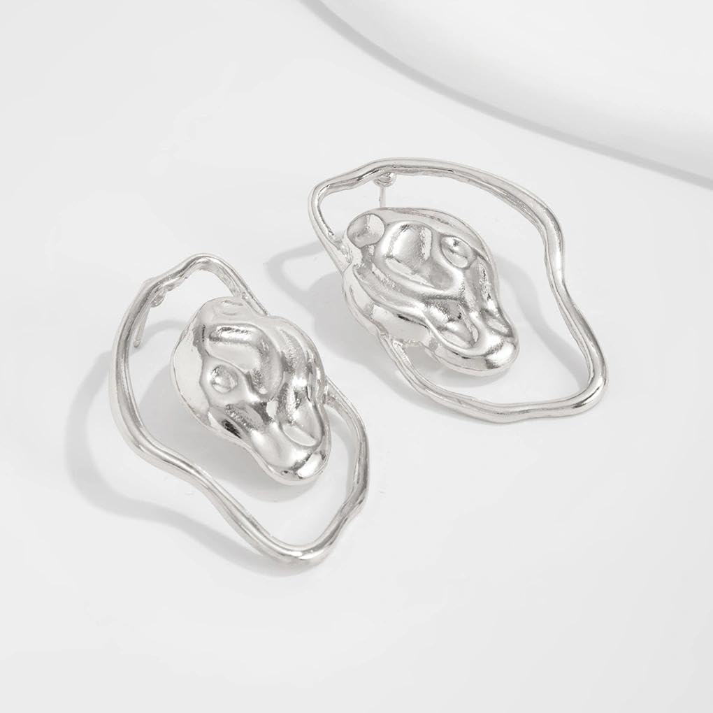 Chunky Hammering Statement Dangle Earrings,Exaggerated Gold Irregular Geometric Statement Earrings,Large Hollow Hammer Drop Earring - Image 6