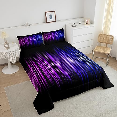 Image of Feelyou Geometric Abstract Ombre Comforter Set Queen Size, Purple Blue and Black Bedding Set for Boys Girls Ombre Gradient Lines Comforter Abstract Duvet Set Kids Room Decor Microfiber Bed Set