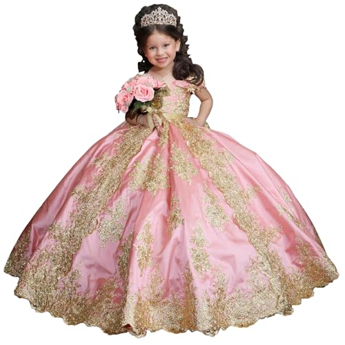 Gold Applique Flower Girl Dresses Off Shoulder Satin First Communion Dress Beading Girls Ball Gown witth Bow