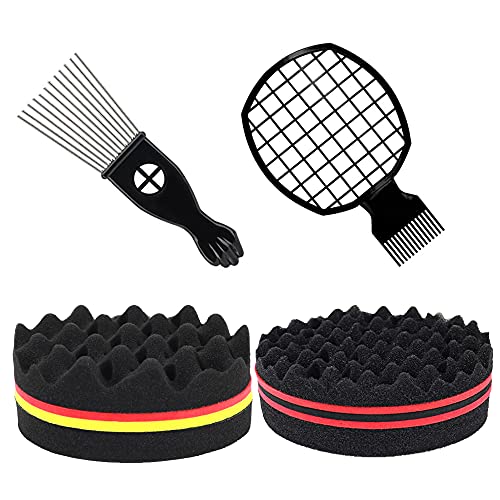 Belvanr Eponge Twist Curl 4 Pieces Éponge cheveux Afro Twist Peigne Cheveux Afro Brosse à Cheveux Éponge Peigne Afro en Métal Eponge Afro Twist Cheveux pour Style Afro Cheveux Crépus
