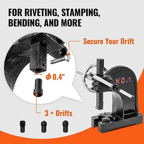 Image of VEVOR Arbor Press, 1 Ton Manual Arbor Press with Handwheel, 5.9 inch Maximum Height, Cast Iron Heavy-duty Manual Desktop Arbor Press, Precision Hand Press for Stamping, Bending, Stretching, Forming