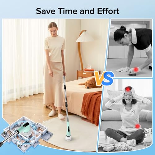 Image of Dreazu Electric Spin Scrubber, IPX7 Electric Cleaning Brush with 7 Replaceable Brush Heads & Retractable Handle, 2-Speed Adjustable Spin Scrubber for Bathroom, Bathtub, Kitchen, Tile Floors