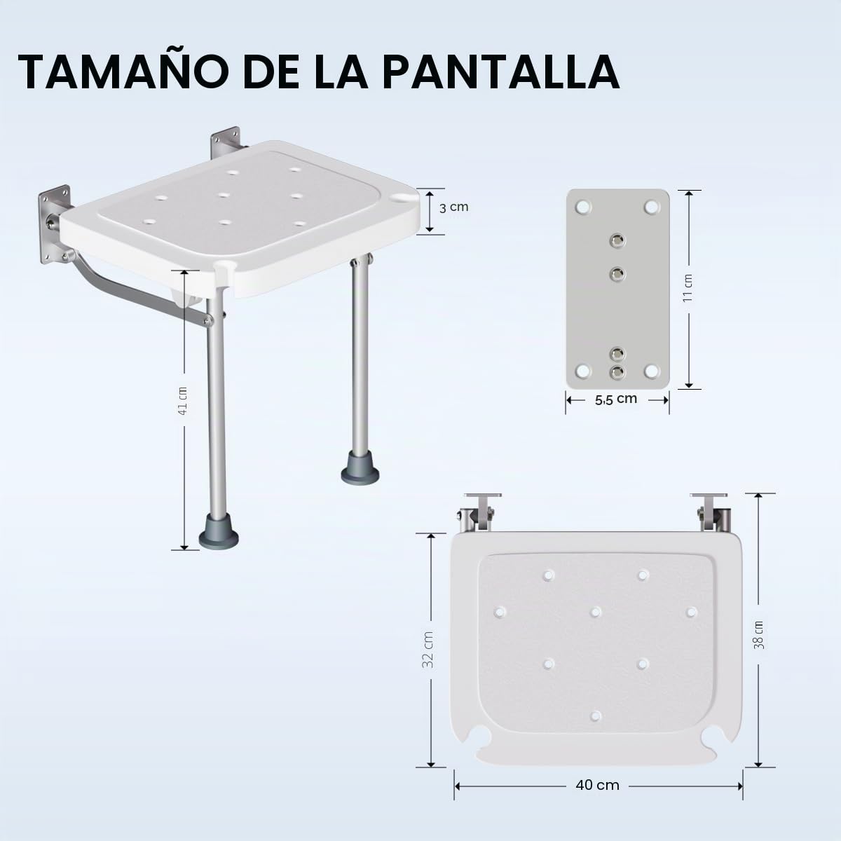 Visone - Taburete de ducha plegable para pared, asiento de ducha de 42 cm de alto con patas antideslizantes, agujero de drenaje, ranura para cabezal de ducha, adecuado para personas mayores y