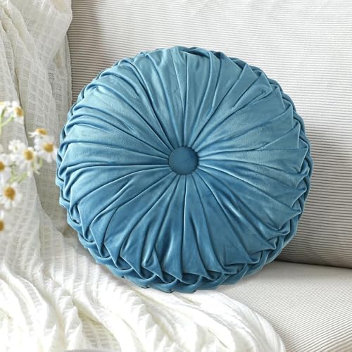 Image of HIG Set of 2 Dusty Blue Ruched Velvet Round Throw Pillows - 14.5'' Decorative Pillows with Soft Polyester Filling for Couch, Bed, Living Room, Bedroom, or Dorm - Handmade, Stress Relieving, All-Season