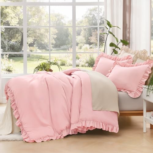 Image of Litanika Pink King Size Comforter Set, 3 Pieces Ruffle Farmhouse Aesthetic Bedding Comforter Set, All Season Soft Lightweight Fluffy Microfiber Bed Set(104x90In Comforter, 2 Pillowcases)