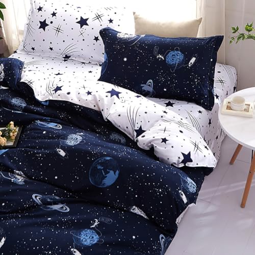 Nayoroom Bettwäsche 135x200 Kinder Jungen Planeten Weltraum Blau Weiß Bettbezug Kinderbettwäsche 135 x 200 + Kissenbezug 40x80 cm Oeko-TEX Microfaser Bettwäsche mit Reißverschluss
