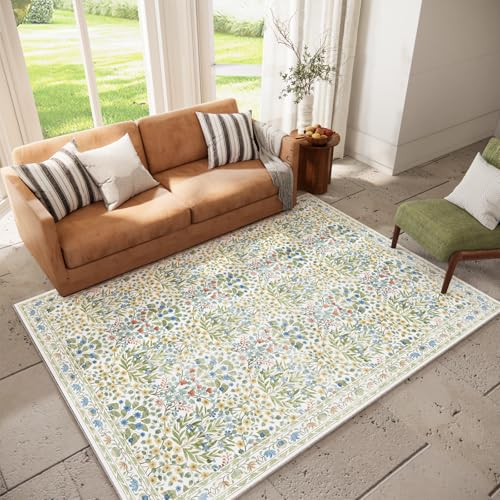 Image of Light Beige Green Area Rug 6x9 - Washable Vintage Living Room Rug for Kids Room, Bedroom, Nursery & Dining Room - Low Pile, Non-Slip & Stain Resistant