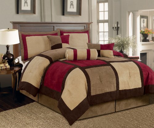 Textiles Plus 7-Piece Micro Suede Patchwork Bed-in-a-Bag Comforter Set, King, Brown/Burgundy