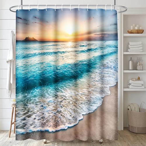 Cortina de ducha de amanecer ArtSocket impermeable de 3 piezas y alfombras acolchadas de playa 6