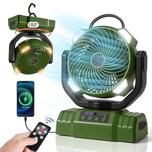 Odoland Portable Camping Fan with LED Light, 30000mAh Rechargeable Battery Operated Oscillating Fan with Remote & Hook, Outdoor Tent Fan with Timer, 4 Speeds for Power Outage Travel Jobsite, Green
