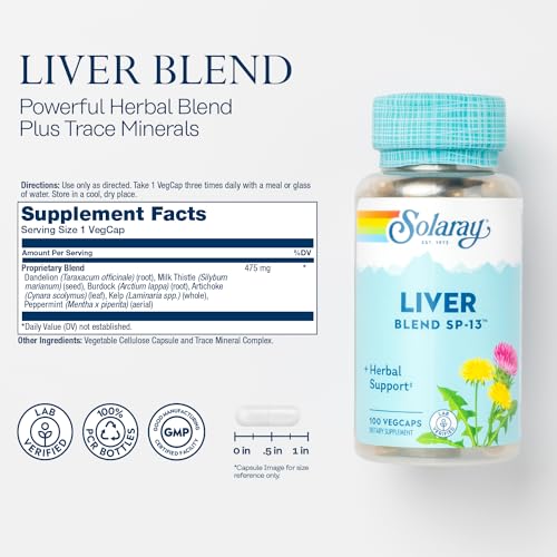 Solaray Liver Blend SP-13, Traditional Liver Cleanse Detox & Repair Support with Milk Thistle, Dandelion, Burdock, Artichoke Leaf, Kelp, Peppermint, and Trace Minerals, 100 Servings, 100 VegCaps - Image 3