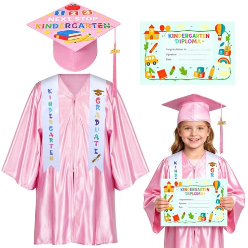 4-Piece 2026 Preschool Graduation Cap and Gown Set Pre-K Graduation Outfit with Tassel Stole and Diploma Next Stop Kindergarten (Pink 33)
