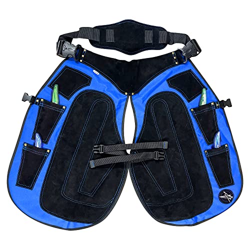 Image of Farrier apron chaps Rekhi 27 inch 1000D Cordura & Suede Leather, Blue, 4 Knife Pockets, Nail Magnet, 70cm Shoeing Chaps for Men