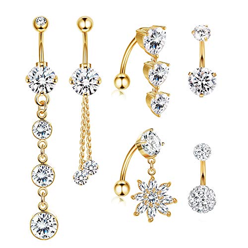 Drperfect 14g Belly Button Rings Cute Cubic Zirconia Navel Ring Piercing , Surgical Steel Long Dangle Short Reverse Belly Button Jewelry for Women