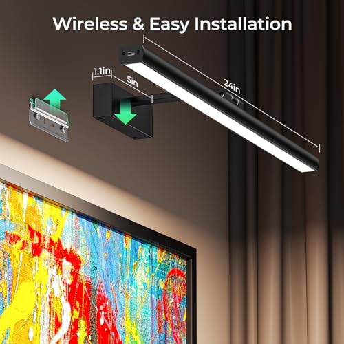 Image of Wireless Picture Lights for Wall, 24in Battery Operated Wall Light for Painting Rechargeable CCT Rotatable Art Gallery Light with Remote Dimmable Timer for Artwork Frame Display Dartboard
