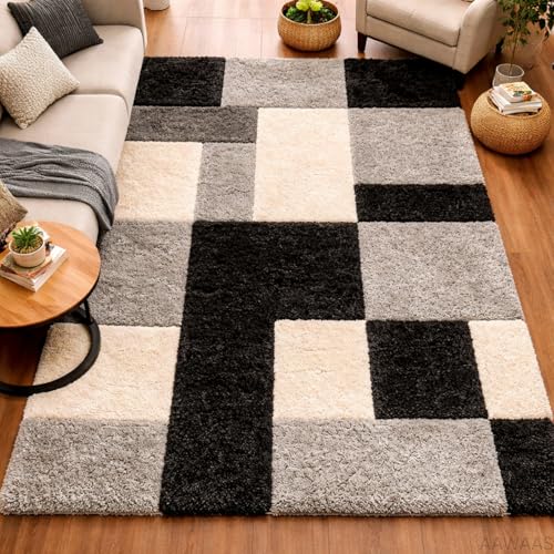 Image of 3D Shaggy Polyester Carpet Rug Runner Area Mats for Bedroom /Living Area /Home with Anti Slip Backing Soft /Fluffy Hight Pile - (3D Black B, 5x7 feet)