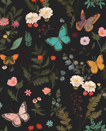 VOLEAAR Black Butterfly Wallpaper Peelable, Vintage Dark Wallpaper with Colorful Butterfly Pattern, Boho Floral Contact Paper Stick on Bedroom Cabinet Drawer Shelf Liner Backsplash 17.5In x 9.8Ft