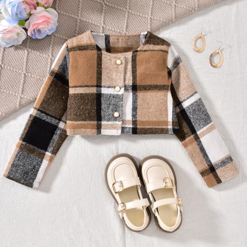 Image of HINTINA Toddler Girl 4 Pieces Outfits Ruffles Long Sleeve Tops Plaid Skirt Jacket And Hat Fall Winter Clothes Set
