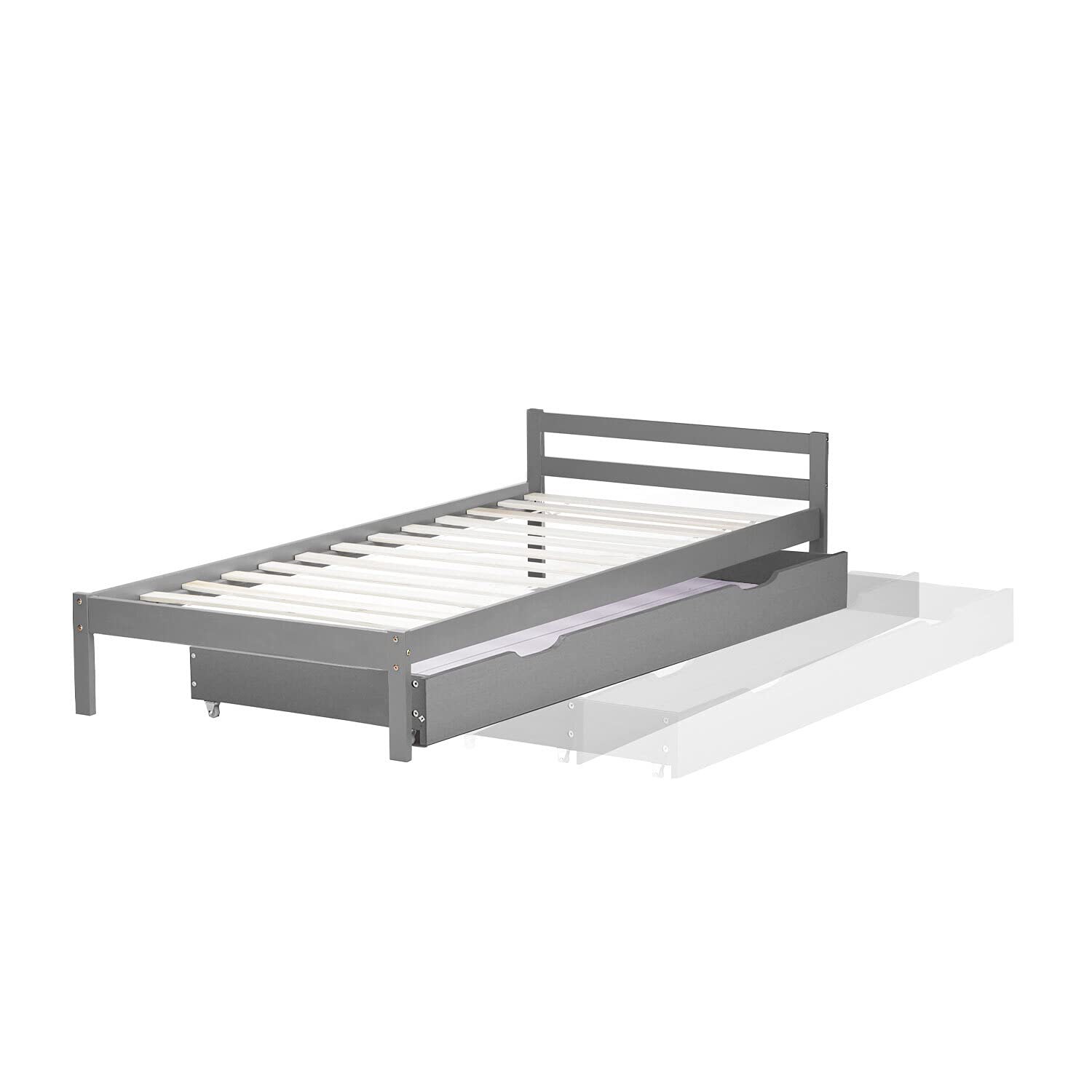 Homestyle4u Bettkasten aus Kiefernholz - Rollbare Bettschublade in Grau | Praktische Unterbettkommode für Stauraum - 173x63x16 cm Bettauszug für Bettwäsche, Kissen und Kleidung