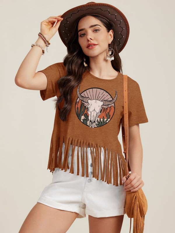 Women Graphic Tees Western Shirts Vintage Cowgirl Fringe Shirt Country Concert Tops Short Sleeve - Image 4