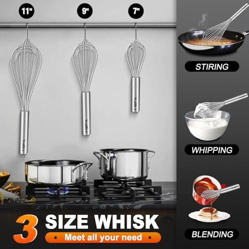 image for Walfos Whisk,304 Stainless Steel whisk,No-Rust 7+9+11inch Whisks for c
