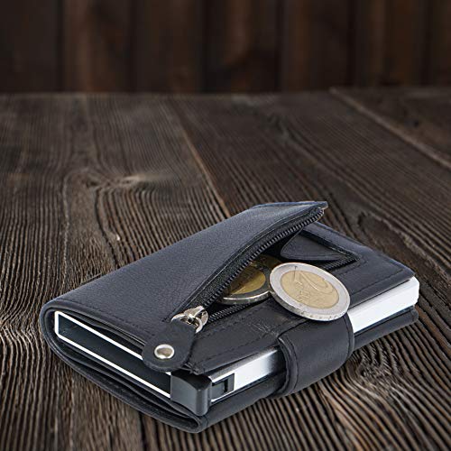 Manufaktur Nikita® Creditcardhouder van echt leer, portemonnee met RFID-bescherming, portemonnee voor 10 kaarten, voor dames en heren, met mooie geschenkdoos, Klein muntenvak, zwart, kleines Münzfach, - Image 3