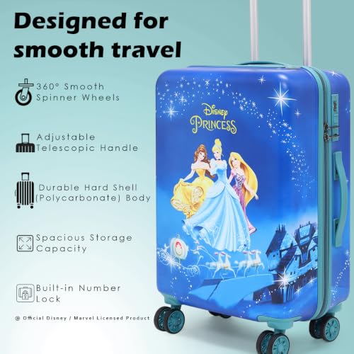 Image of NOVEX Original Disney Princess Hard Sided Polycarbonate Kids Trolley Bag for Travel | Turquoise Blue, 22 - Inch | Spinner Luggage /Suitcase with 4 Wheels | Unique Bags for Cute Girls Kid