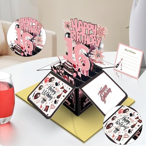 16th Birthday Card, 16th Sweet Birthday Decorations for Girls, Happy Birthday 3D Cards for 16 Year Old Daughter, Birthday Gift Box for Granddaughter - 3