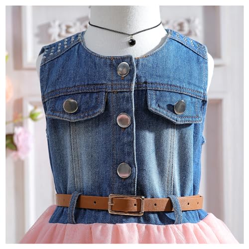 Little Girls Denim Dress Sleeveless Tops Stitching Irregular Hem Tulle Tutu Skirt One Piece Outfit with Belt4