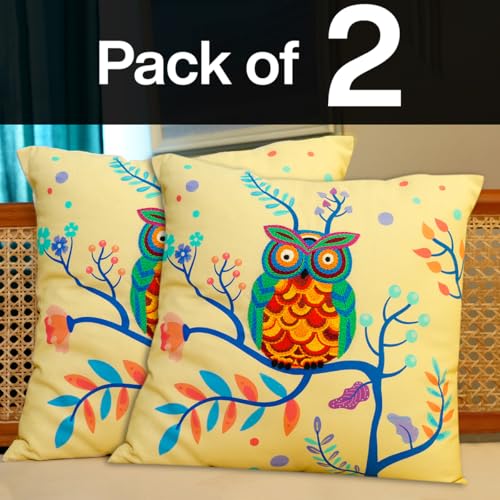 Image of picknMAKE Set of 2 DIY Cushion Cover Hand Embroidery Kit Set for Beginners with Majestic Owl Bliss DIY Craft Cushion /Pillow Cover|16 inchX16|Digitally Printed Embroidery Patterns|All Materials Included