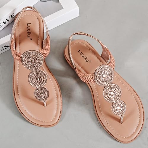 Luoika Women's Wide Width Flat Sandals, Flip Flop Thong Sandals Strappy Rhinestone Comfortable Summer Beach Shoes for Women. 5