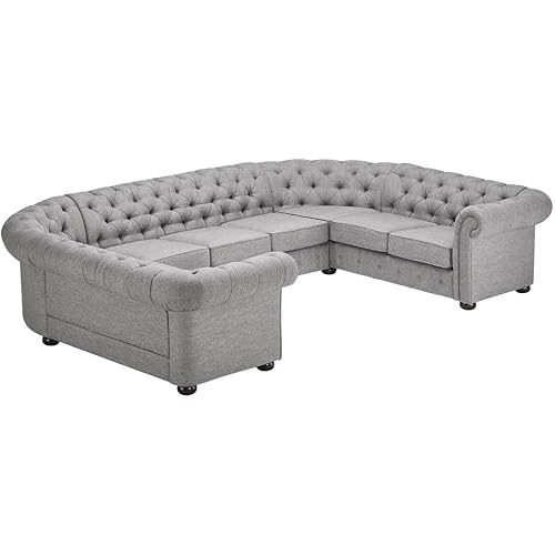 Inspire Q Knightsbridge Csterfield U-Shaped Sectional by Artisan Grey Linen Linen