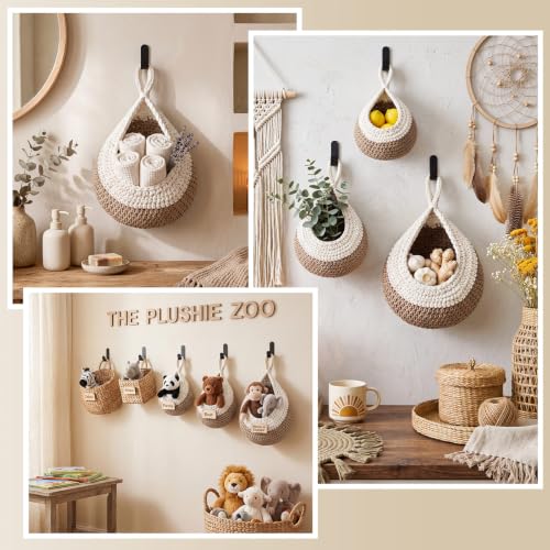 Image of Honeydak 3 Hanging Baskets, White with Light Linen, Teardrop, Cotton Rope