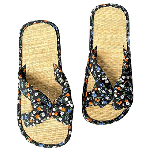 Women's Bow Bamboo Flip Flop,Straw Beach Flat Sandals Handmade,Eco-Friendly Straw Footwear (6.5, Blue)