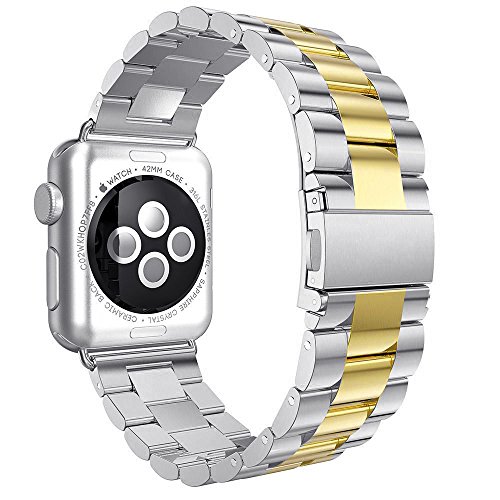 Image of Silver Gold Stainless Steel for Apple Watch Metal Band 44-49mm | Luxury 304 Stainless Steel Chain Strap Adjustable Links Double Button Clasp Fits S10 /Ultra /Se3 Wrist 6.3-8.07in Durable Metal
