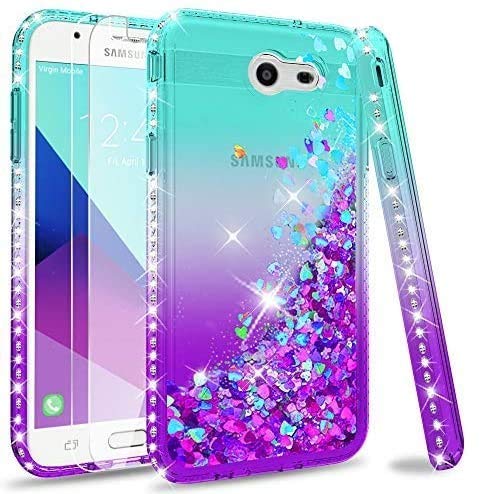 LeYi Compatible with Samsung Galaxy J3 Prime/J3 2017/J3 Eclipse/J3 Emerge/J3 Mission/J3 Luna Pro/Express Prime 2 Case w/Tempered Glass Screen Protector, Glitter Case (Not fit J3 2018) Teal/Purple