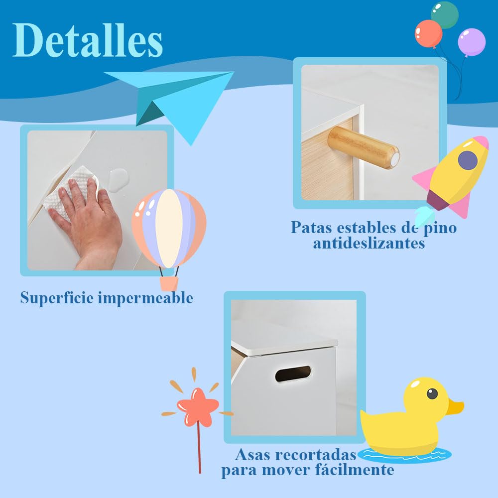 SOARS Organizador Juguetes Infatil, Baul Juguetes con Tapa Abatible, 2 Gran Espacios de Almacenamiento, Caja Juguetes para Niños con Patas de Madera de Pino, 60 x 30 x 44cm (Blanco)