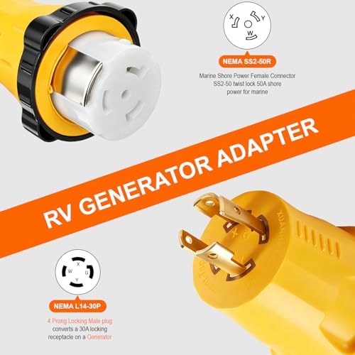 Image of L14-30P to SS2-50R Generator Adapter, 30A 4 Prong Twist Lock Male to 50A Marine Shore Power Female RV Converter, CS6364C Heavy Duty Weatherproof Power Adapter 125 /250V for RV, Camper, Trailer, Yacht
