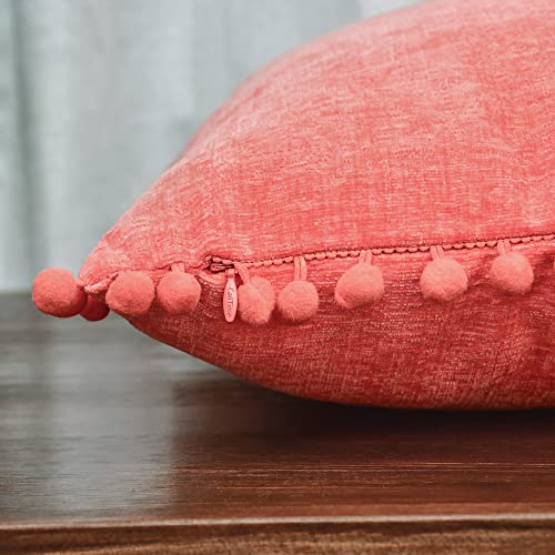 Calitime Pillow Cases Pack Of 2 Cozy Solid Dyed Soft Chenille Cushion Covers With Pom Poms For Couch Sofa Home Decoration 12 X 20 Inches Living Coral #TOP4