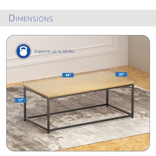 Modern Industrial Style Rectangular Coffee Table for Living Room, Bedroom - Rustic Accent Minimalistic Furniture with Wood Grain Top & Metal Frame - Center TV Table - Light Brown - Image 4