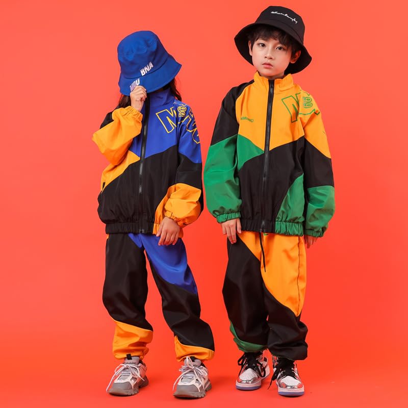 80s Outfit for Kids,Boys' Girls' Color Block Jacket Track Pants Sets,80s Tracksuit Retro Hip Hop Dance Outfit4