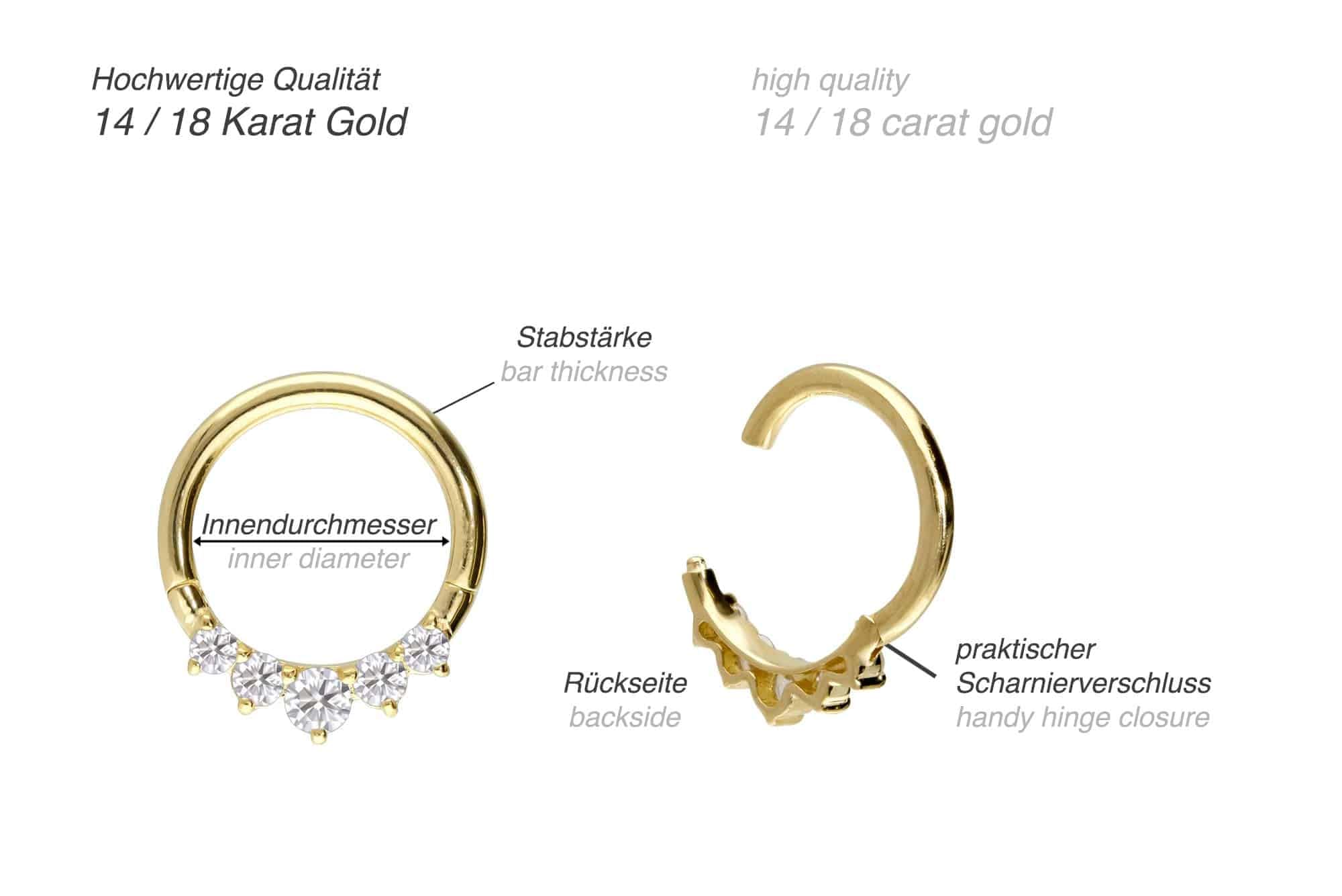 PIERCINGLINE Piercing Ring 14K Gold Segmentring Clicker 5 EINGEFASSTE MOISSANITE 585er Gold - Goldfarben