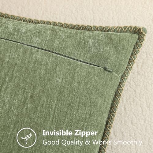 Image of decorUhome Fall Chenille Soft Cozy Throw Pillow Covers 16x16 Set of 2, Modern Farmhouse Boho Velvet Decorative Pillow Cases with Stitched Edge for Couch Sofa Bed Home Decor, Olive Green