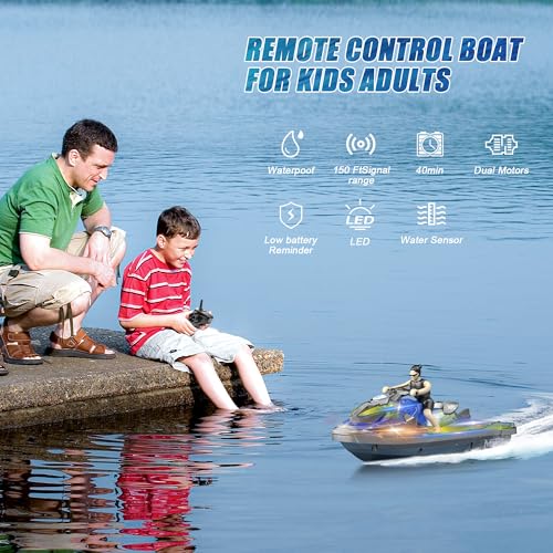 Whimsyland RC Boats for Kids 6+, 2.4GHZ Mini Remote Control Jet-ski with Dual Motors & Led Lights Lakes & Swimming Pool Toys, 2 Rechargeable Batteries, Blue - Thumbnail 6